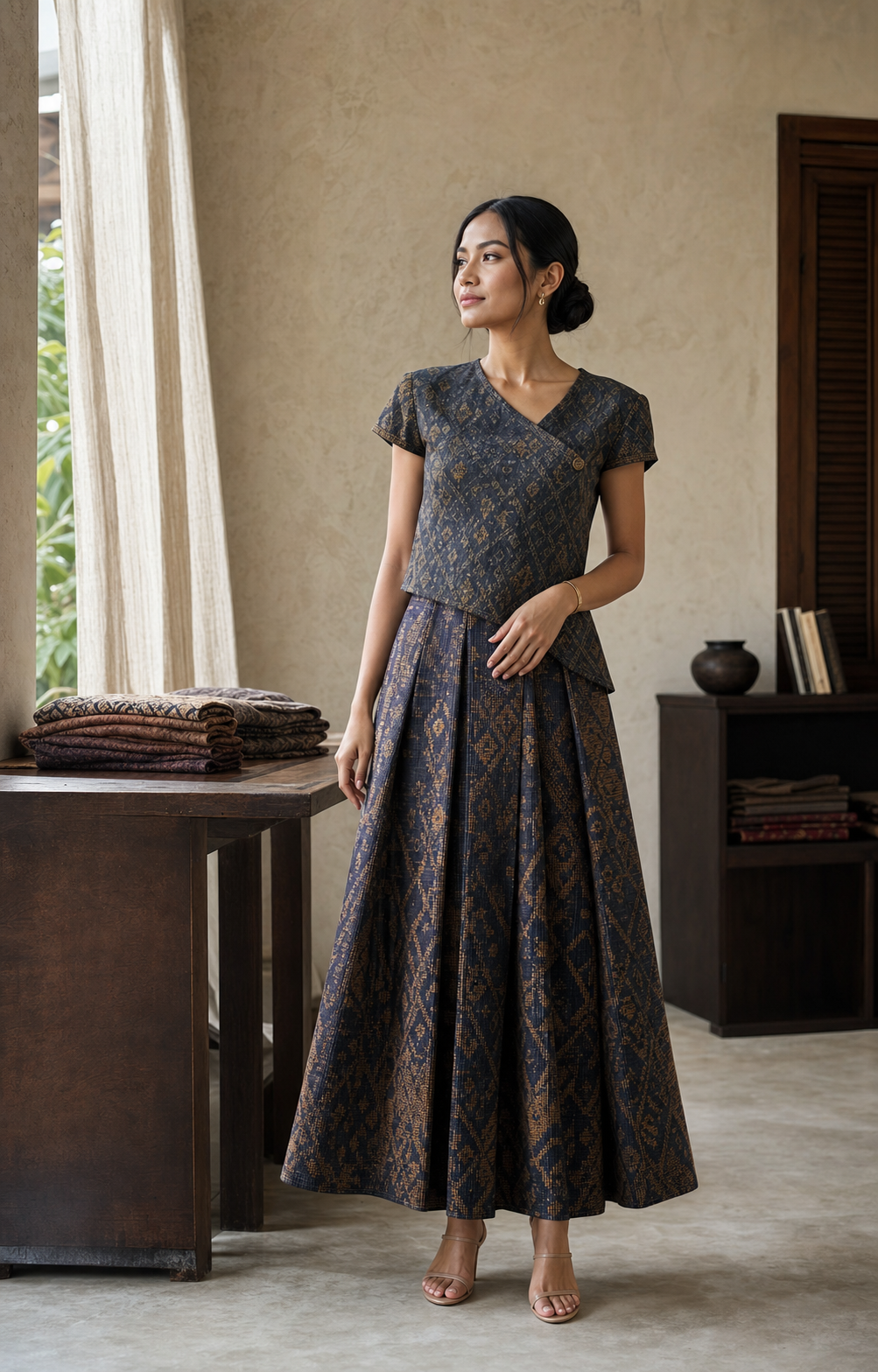 Premium semi-formal Endek blouse and long skirt in a Bali atelier