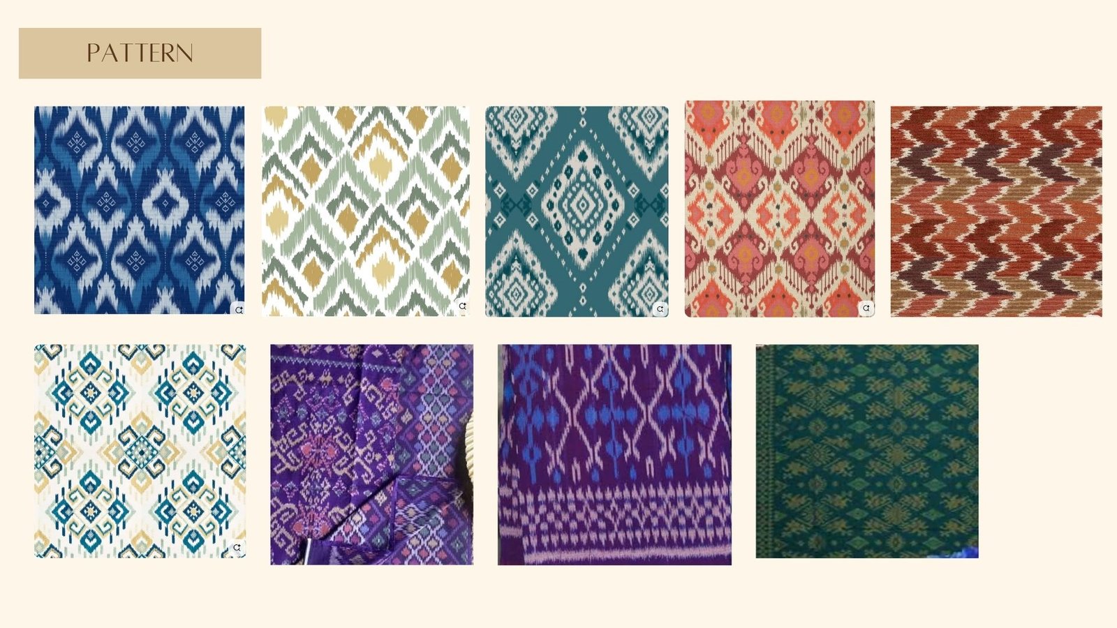 A selection of nine Endek pattern and colour references in indigo, ivory, teal, coral, rust, purple and green